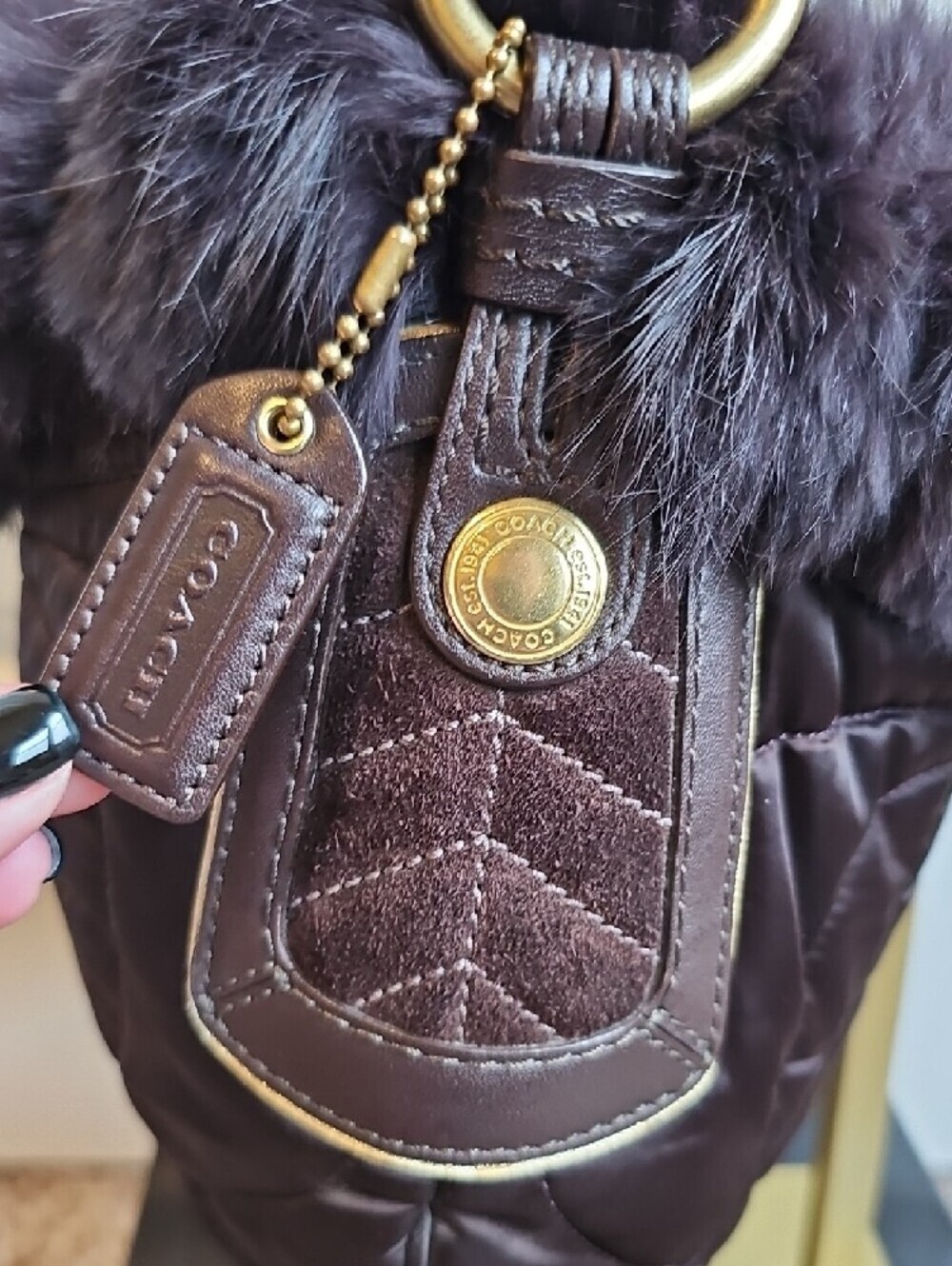 Coach Vintage SoHo Quilted Satin & Rabbit Fur Ski Hobo Bag Brown #3586 Like New - Picture 5 of 11